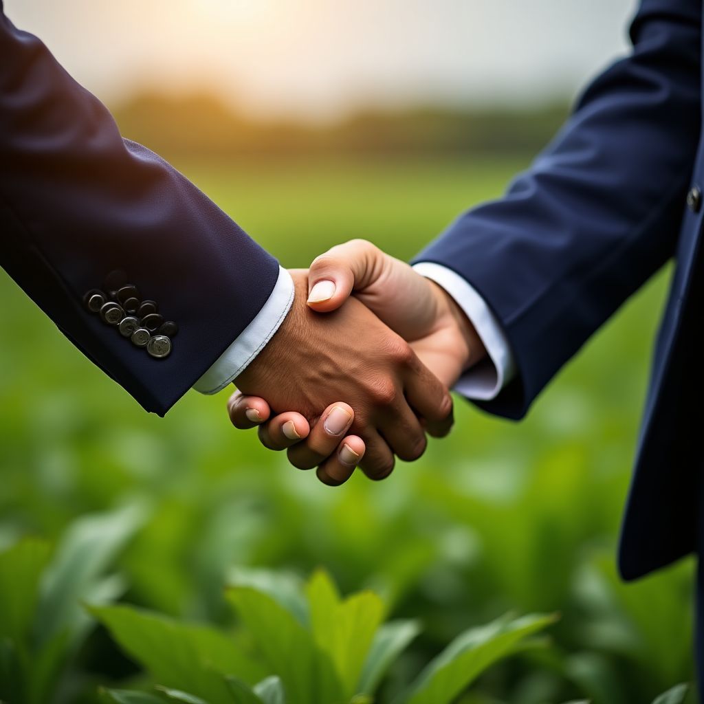 Un agricultor y un empresario dándose la mano en un campo