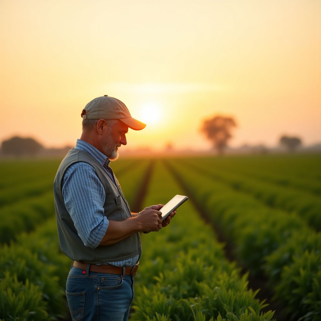 Agricultor moderno utilizando una tableta en un campo